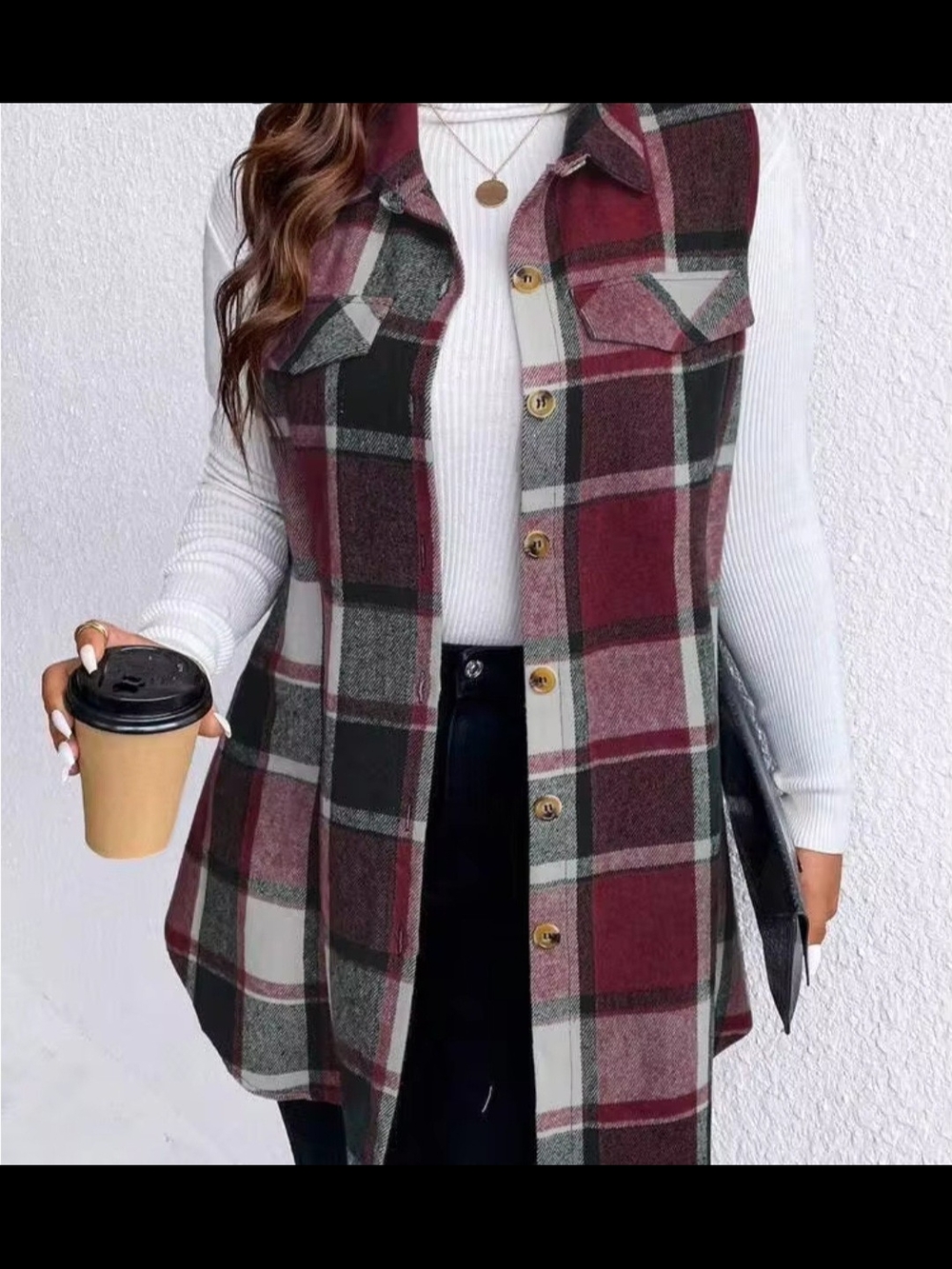 SHEIN Burgundy Plaid Button-Front Longline Vest